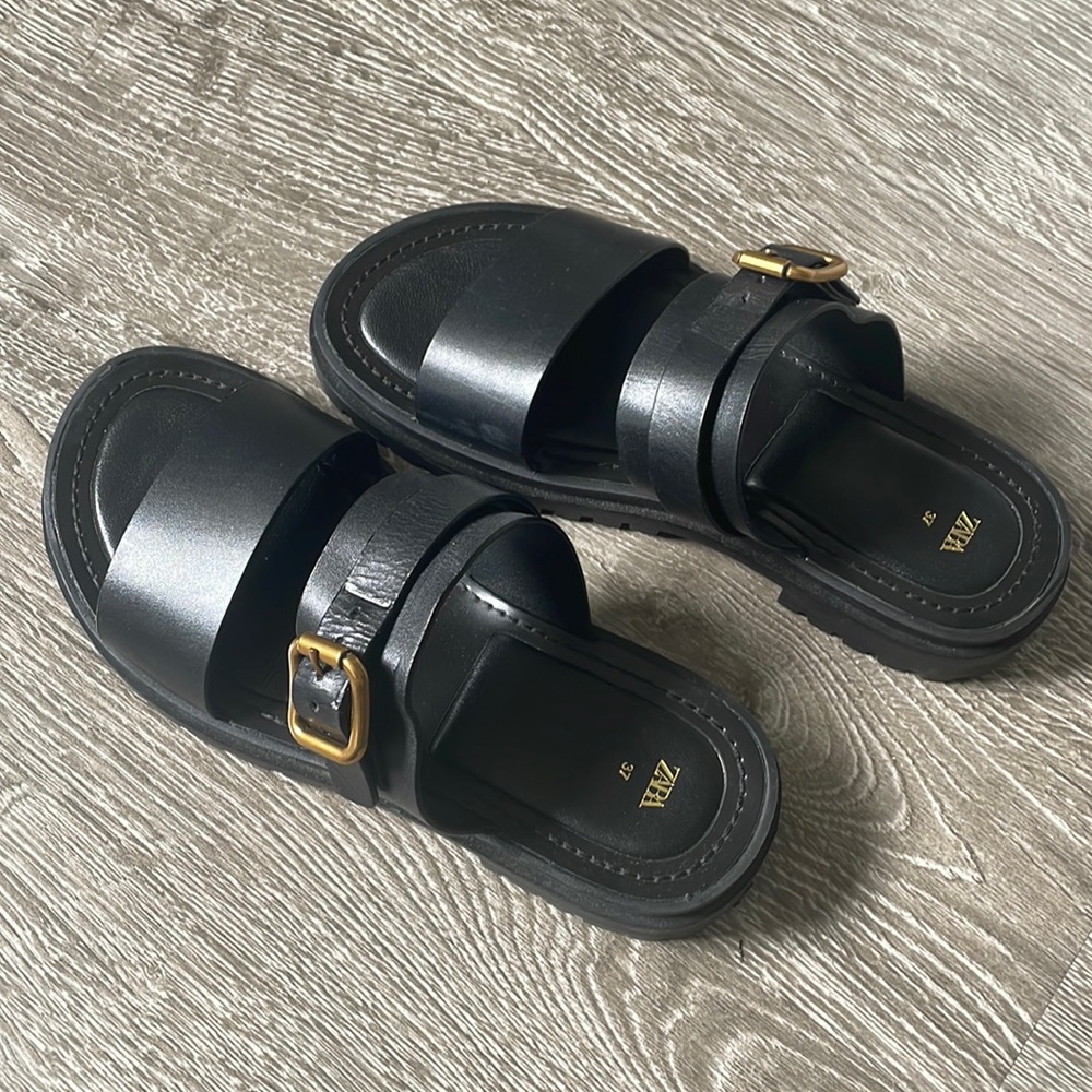 Black Zara Sandals with gold buckle